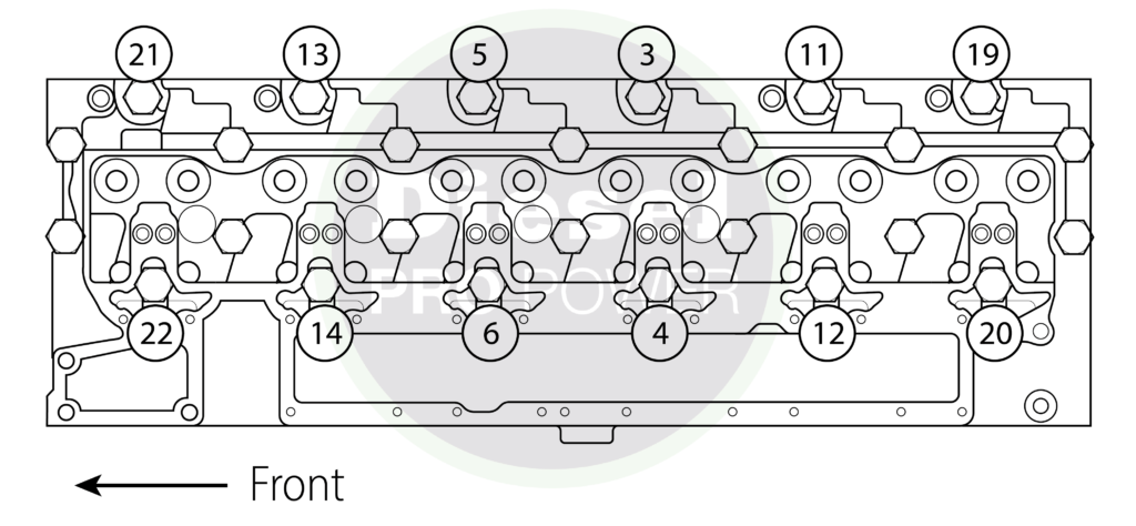 USED CYLINDER HEAD SHORT CAPSCREWS (12 SHORT CAPSCREWS ON EXHAUST AND INTAKE SIDE, NUMBERS 3, 4, 5, 6, 11, 12, 13, 14, 19, 20, 21, & 22)	N/A	70 N•M [ 52 FT-LB ]